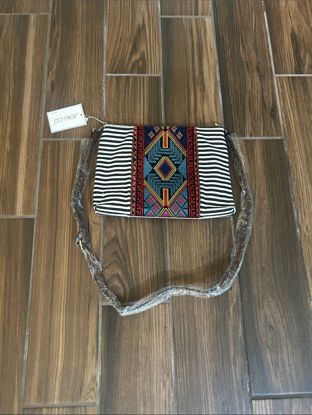 Black & White Striped Crossbody with Colorful Embroidered Panel